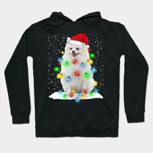 White Pomeranian Christmas Santa Hat Xmas Tree Color Lights Hoodie